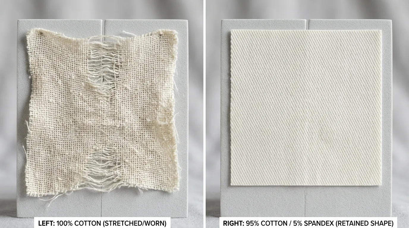Comparison of 100% cotton vs 95% cotton/5% spandex blend